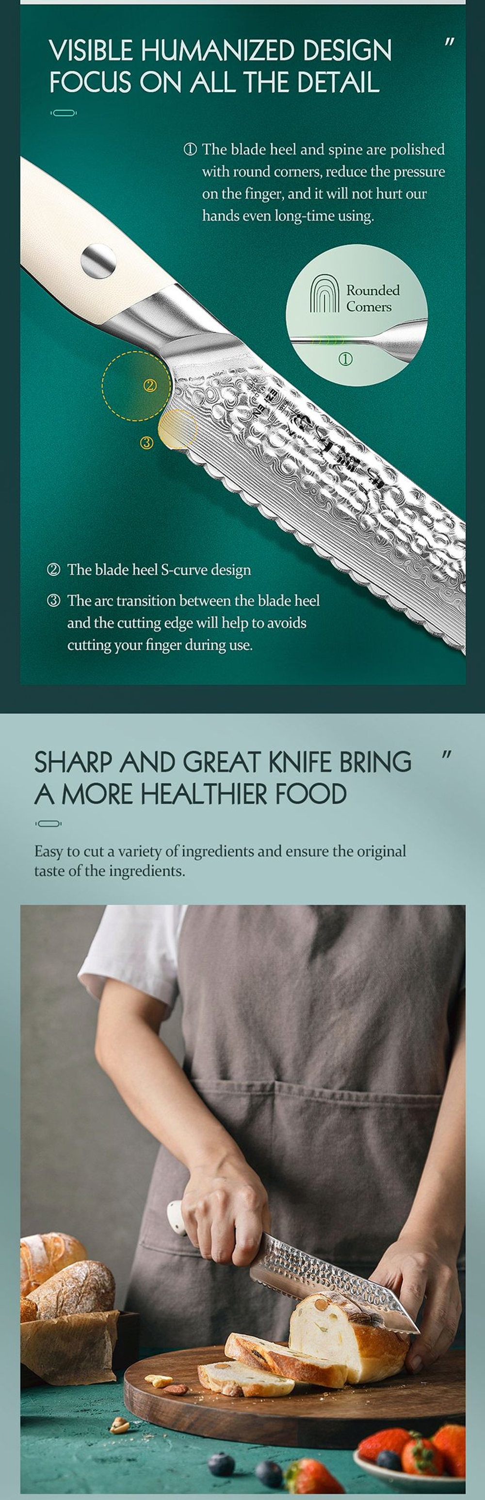 Кухонный нож Hezhen B38H Bread нож 8 дюймов клинок 67 Layers Damascus рукоять G10, длина лезвия 21 см