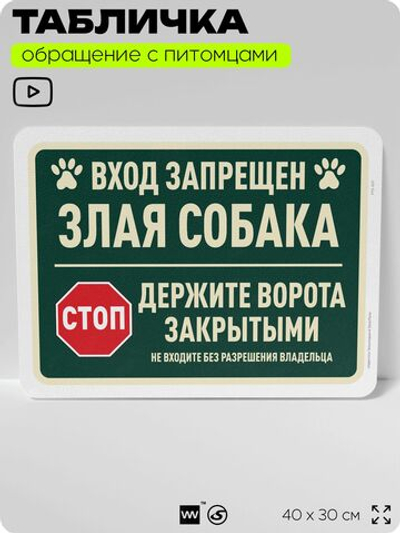 Табличка "Вход запрещен, злая собака" на дверь и забор, для двора, дома, подъезда, 40х30 см, Silver Plane x Айдентика Технолоджи