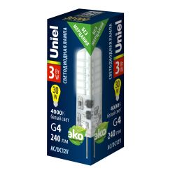 LED-JC-12-3W-4000K-G4-CL SIZ05TR Лампа светодиодная с силиконовым покрытием. Белый свет 4000К. Картон. ТМ Uniel