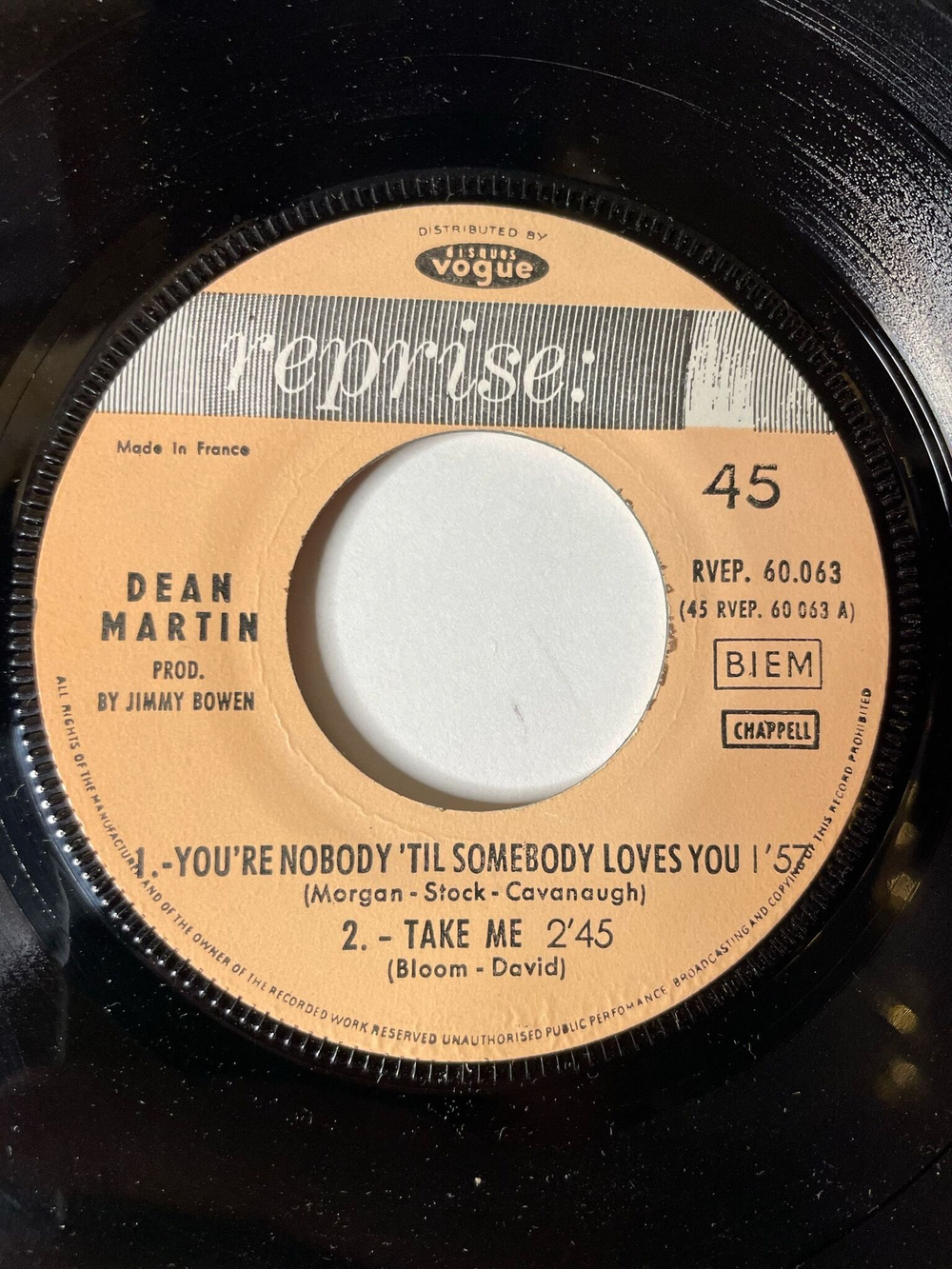 Винтажная виниловая пластинка LP Dean Martin You're Nobody Til Somebody Loves You (France 1965) 7 дюймов