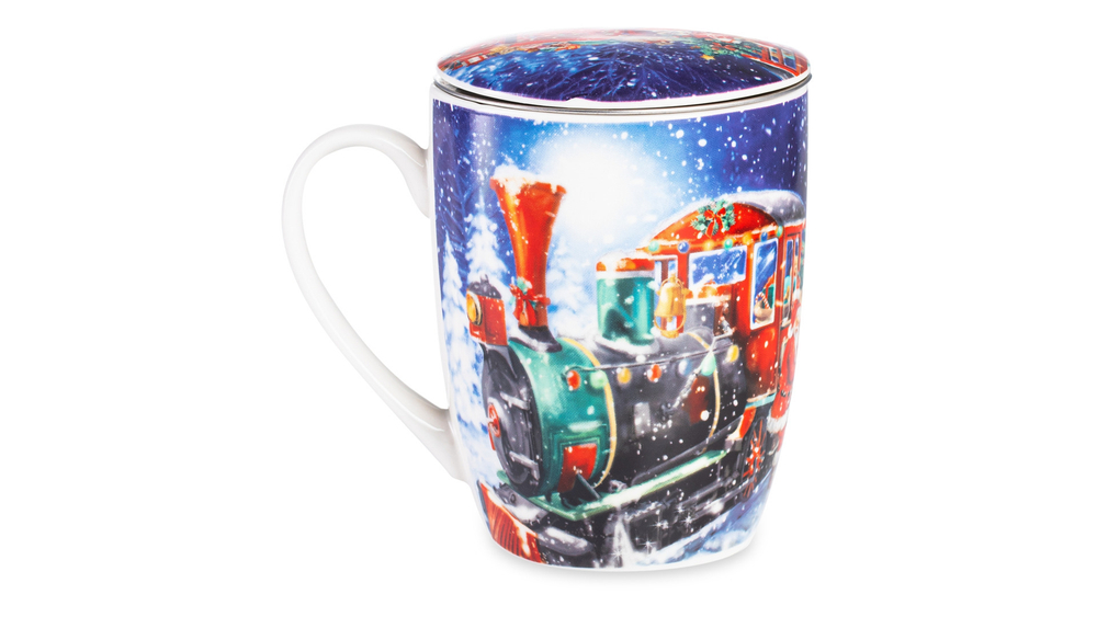 Кружка с ситечком 400мл Lamart Noel Сюрприз Новогодний поезд Санты