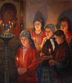 Картина для интерьера В церкви, художник Богданов-Бельский, Николай Петрович Настене.рф