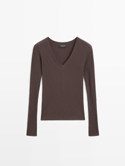 Massimo Dutti Футболка в рубчик с длинными рукавами, коричневый