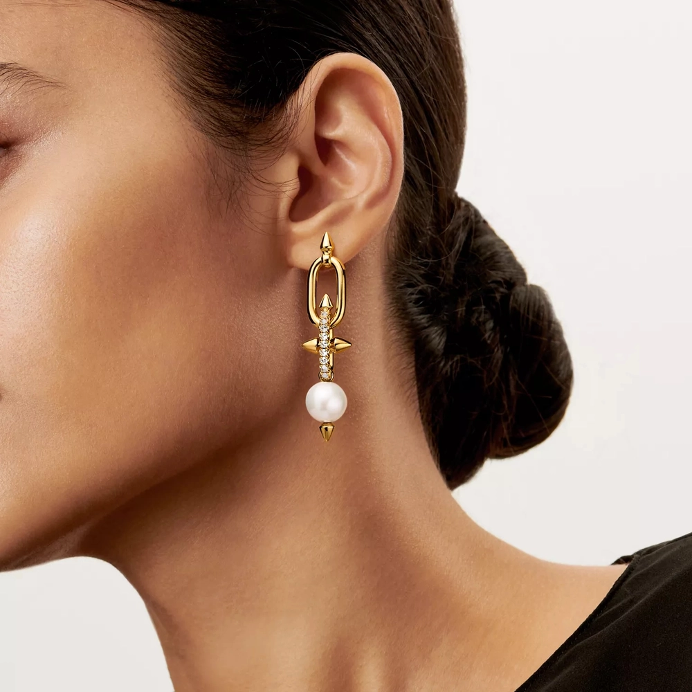 Серьги из жёлтого золота 18k c жемчугом и бриллиантами, Tiffany 💠 Titan by Pharrell Williams- В наличии