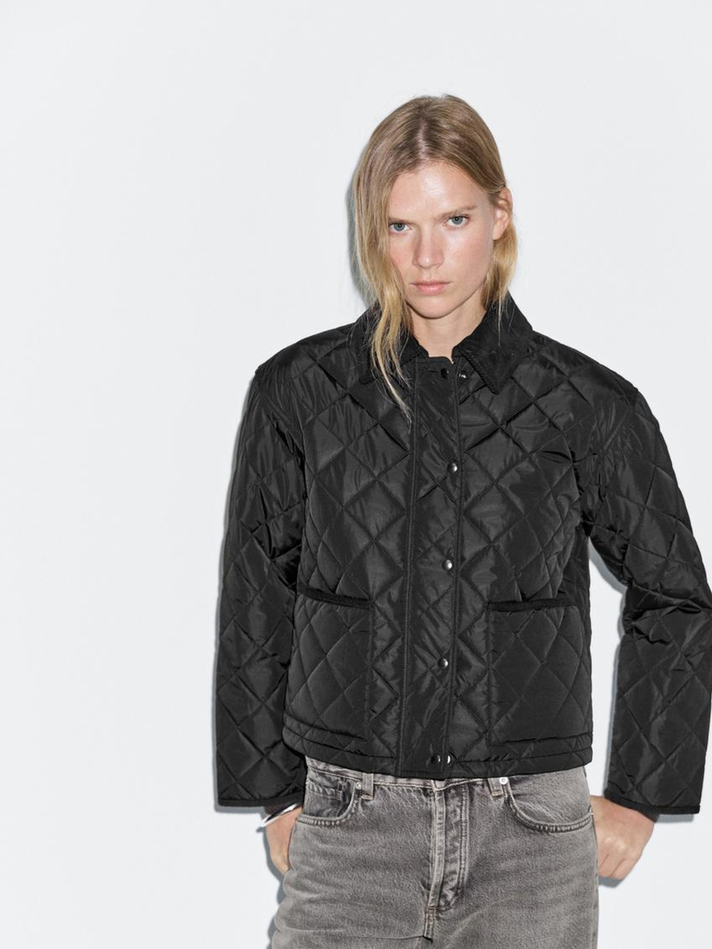 Massimo Dutti Короткая легкая стеганая куртка с вельветовой деталью, черный