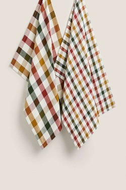 ZARA HOME ЦВЕТНОЕ КЛЕТЧАТОЕ КУХОННОЕ ПОЛОТЕНЦЕ (НАБОР ИЗ 2 ШТ.), ЗЕЛЕНЫЙ