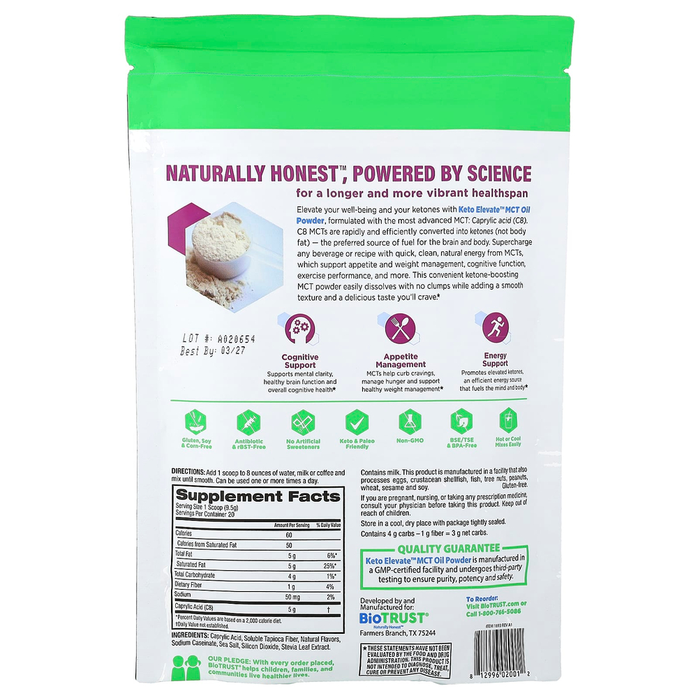 BioTRUST, Keto Elevate™, порошок из масла MCT, фундук, 190 г (6,7 унции)