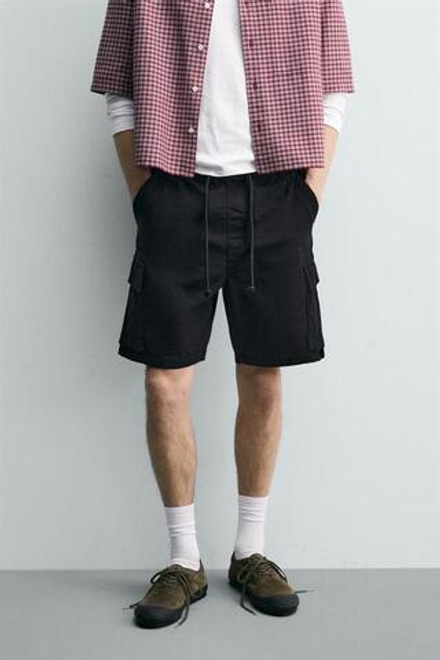 ZARA ШОРТЫ КАРГО RELAXED FIT С ЭФФЕКТОМ ПОТЕРТОСТИ, ЧЕРНЫЙ