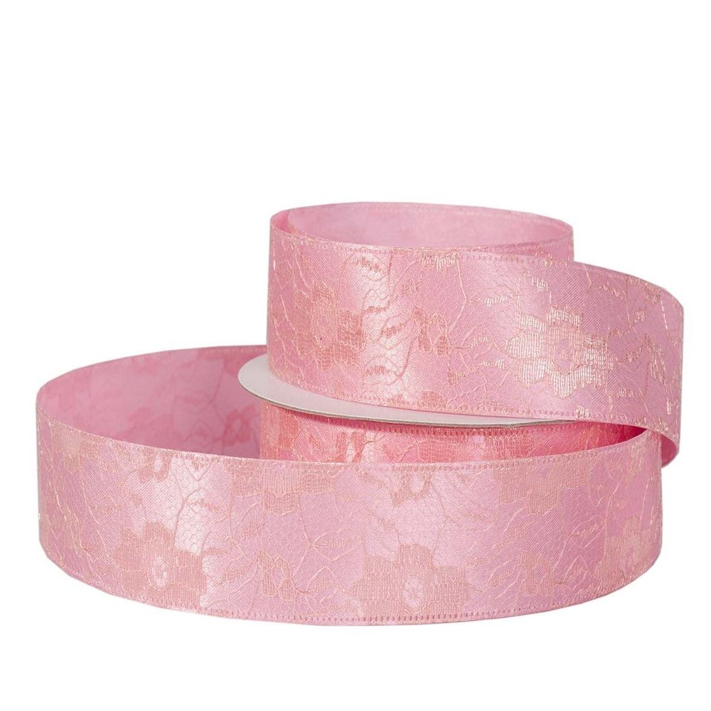 Декоративная лента двухслойная, 4 см, намотка 20 ярдов, нежно-розовая, дизайн рельеф цветов