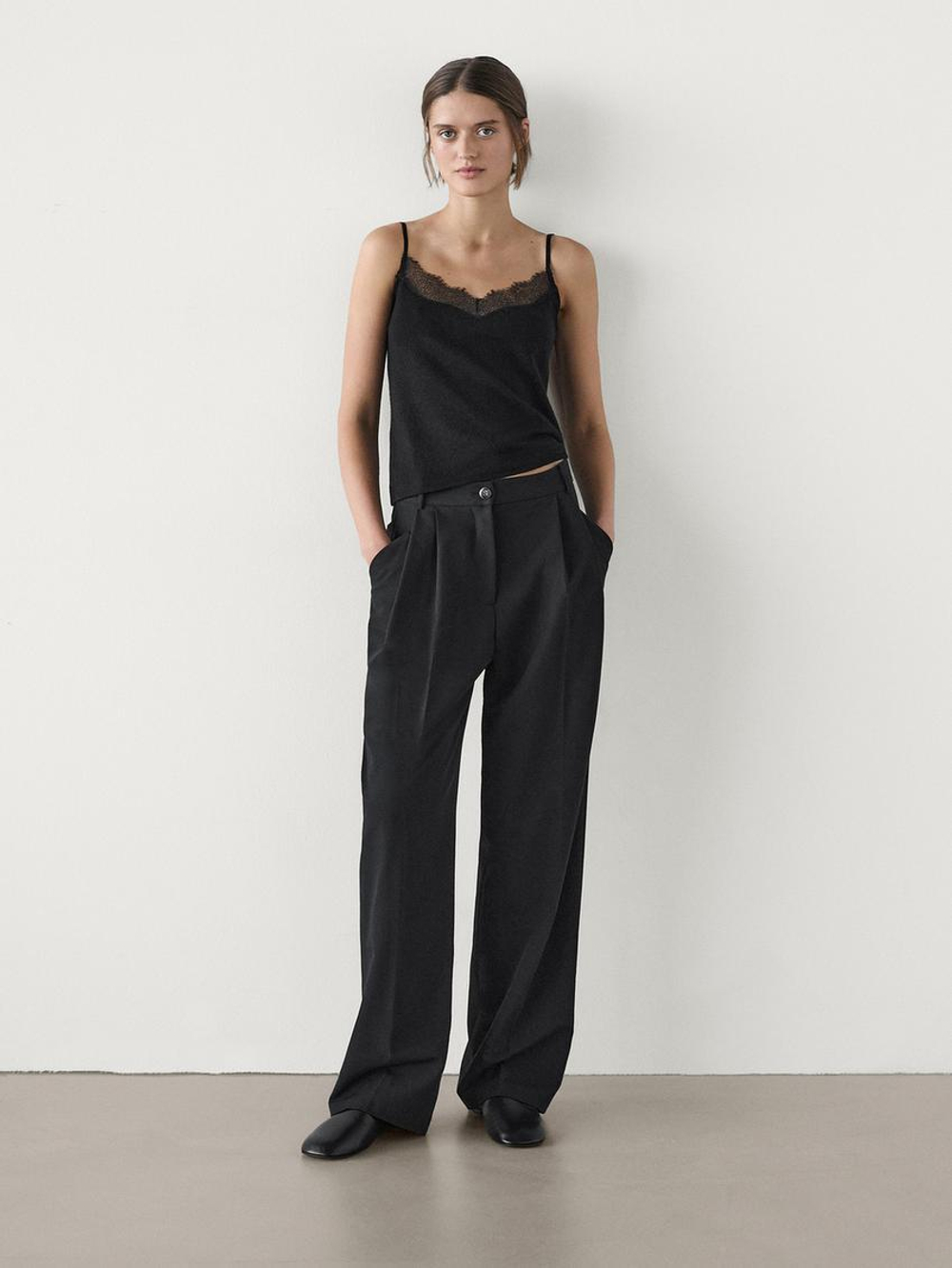 Massimo Dutti Топ в бельевом стиле с отделкой кружевом, черный