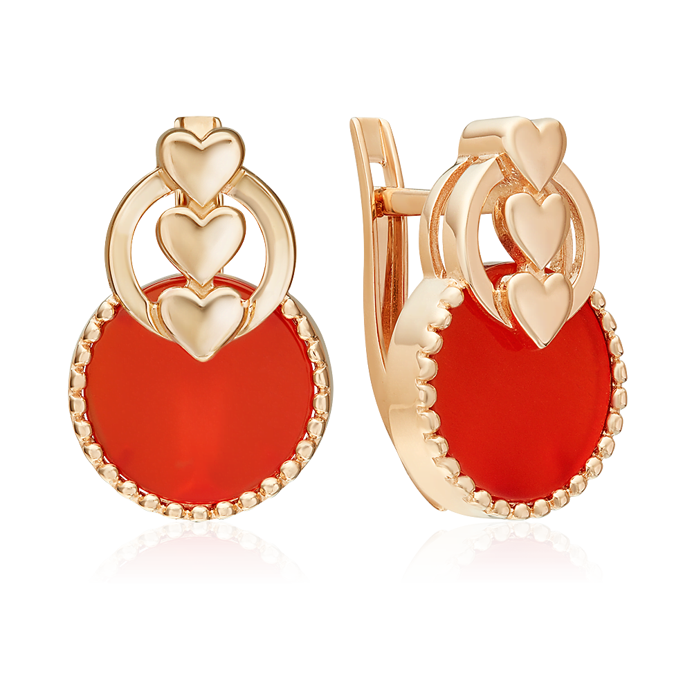 Серьги «Пылкая любовь» с английским замком из красного золота с сердоликом