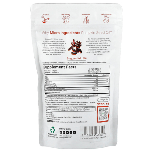 Micro Ingredients, тыквенное масло, холодный отжим, 150 капсул (1000 мг в 1 капсуле)