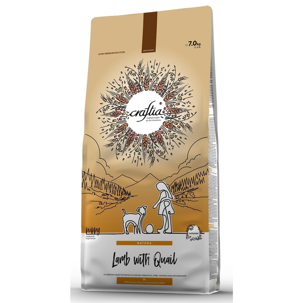 Корм для щенков Craftia Natura, 7 кг, ягненок и перепелка