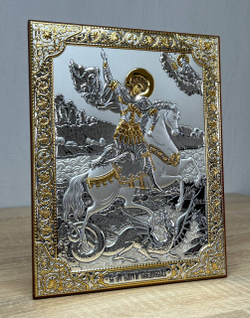 Георгий Победоносец, икона прямоугольная без рамки, красное дерево 175х225