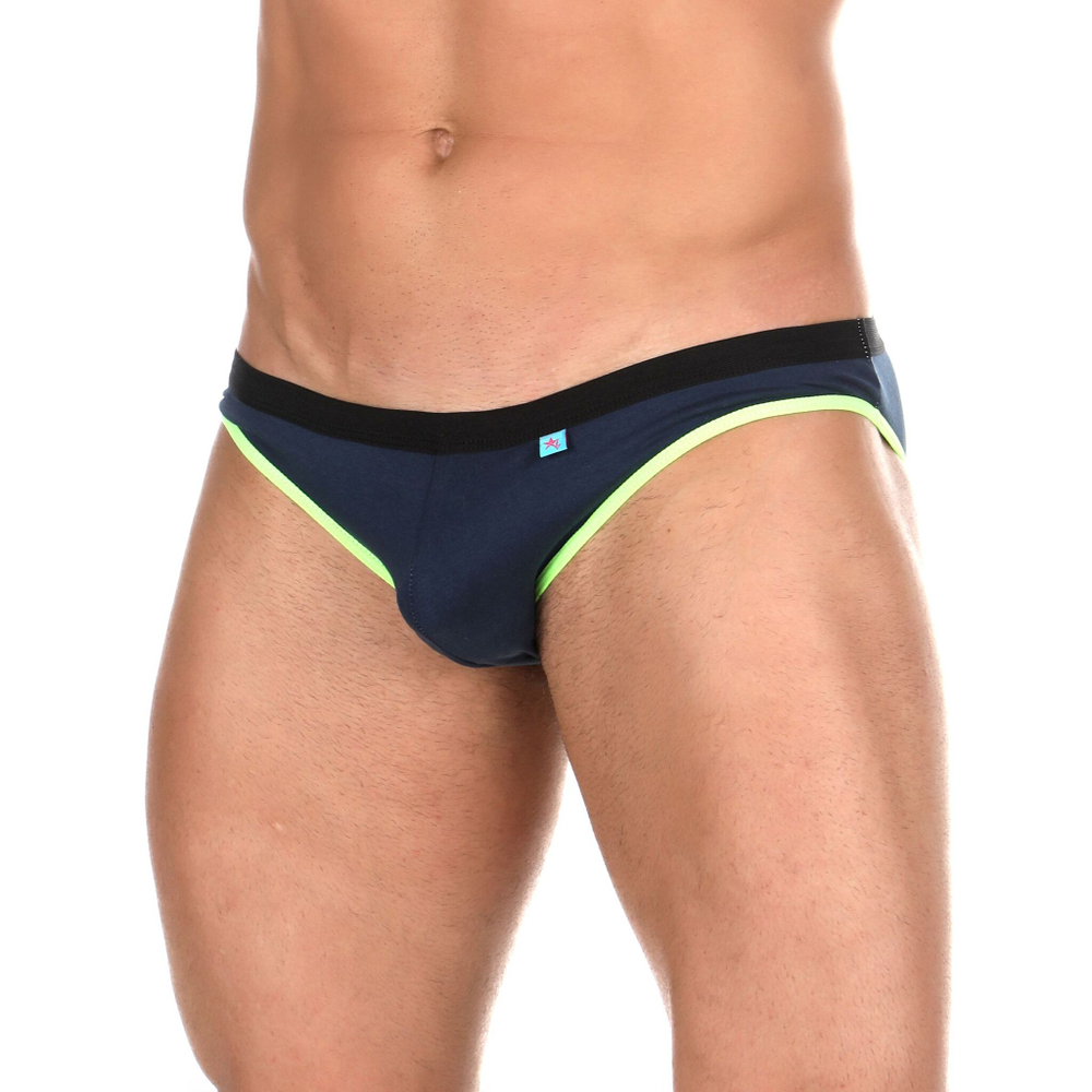 Темно-синие хлопковые трусы-слипы с салатовой окантовкой и низкой посадкой (Размер: S) (Цвет: темно-синий)