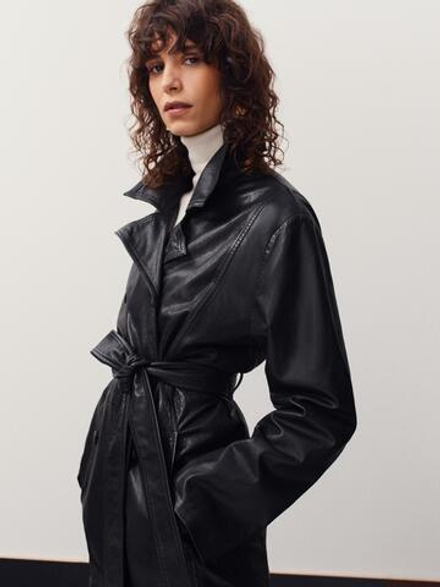 Massimo Dutti Куртка из кожи наппа с поясом, черный