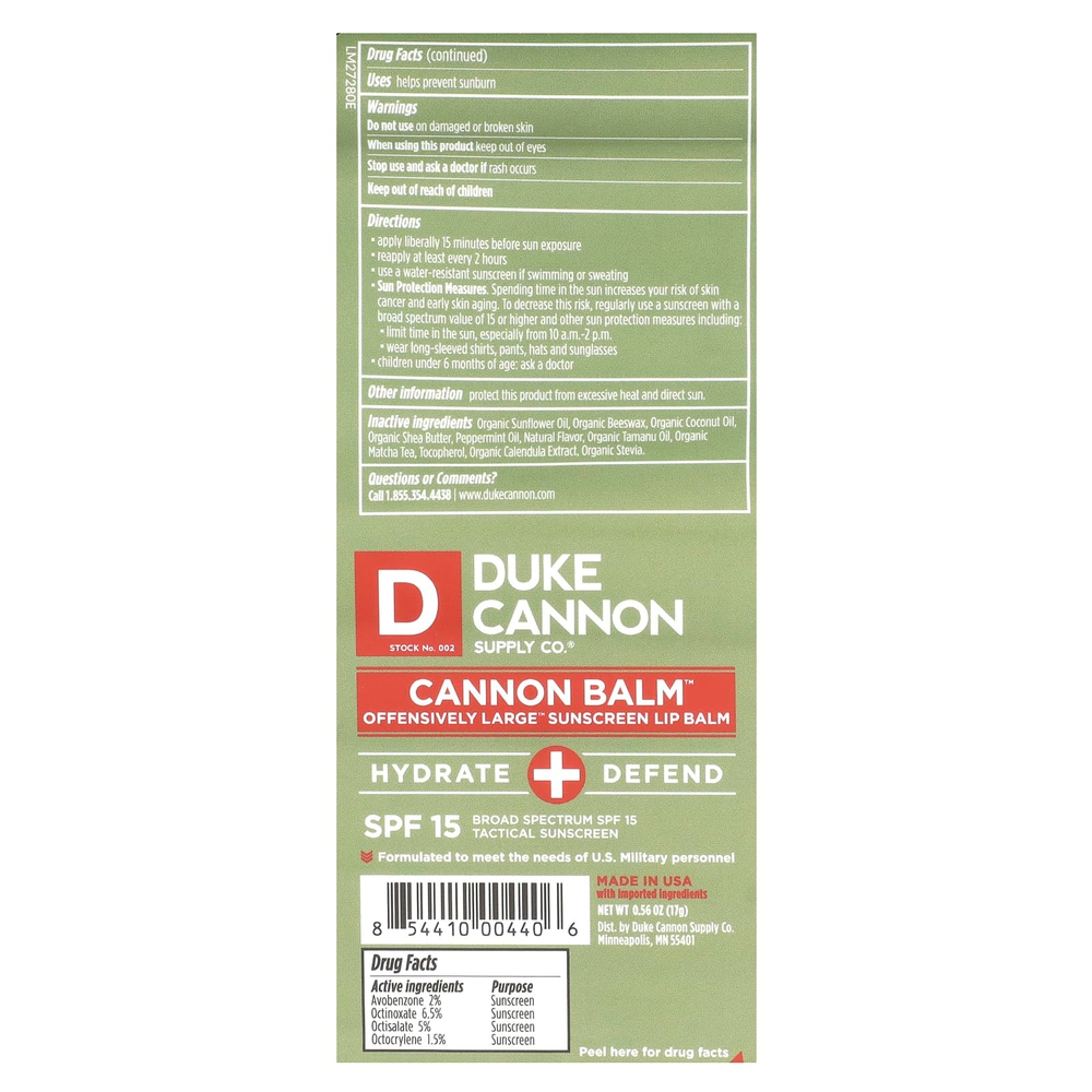 Duke Cannon Supply Co., Cannon Balm ™, солнцезащитный бальзам для губ Offensively Large ™, SPF 15, 17 г (0,56 унции)