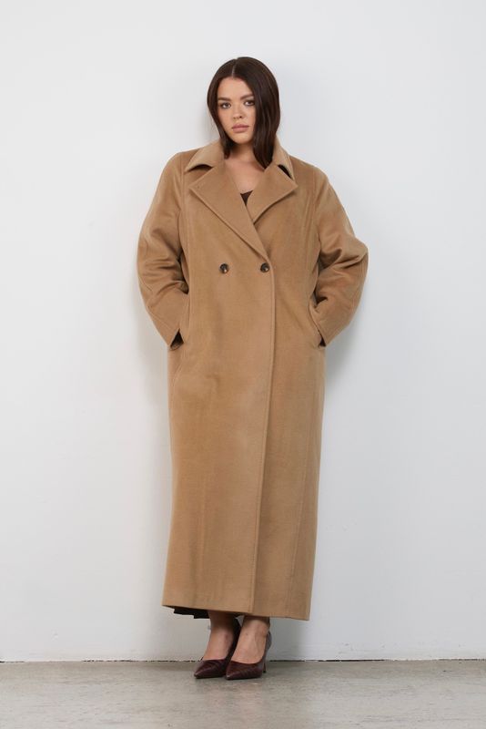 Пальто двубортное с отстрочкой, кэмел