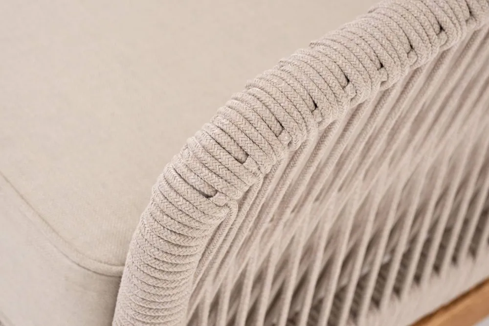 "Канны" левый модуль плетеный из роупа, основание дуб, роуп бежевый круглый, ткань бежевая 052