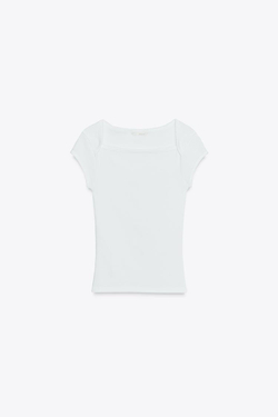 ZARA ФУТБОЛКА ИЗ ХЛОПКА И МОДАЛА, БЕЛЫЙ