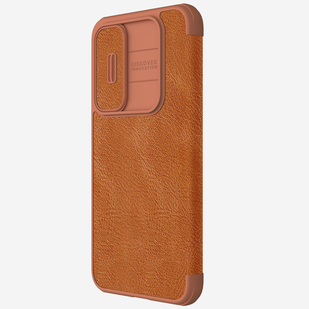 Кожаный чехол книжка коричневого цвета от Nillkin для Samsung Galaxy A55 5G, серия Qin Pro Leather с защитной шторкой для камеры