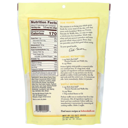 Bob's Red Mill, протеиновая смесь для блинов и вафель, цельнозерновая, 397 г (14 унций)