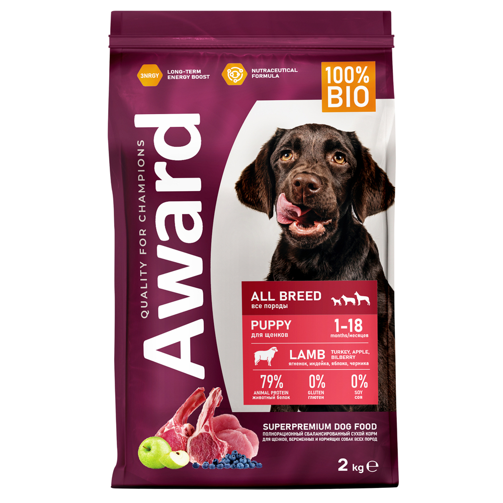 Сухой корм AWARD для щенков от 1 месяца беременных и кормящих сук всех пород с ягненком и индейкой с добавлением яблока и черники 800г