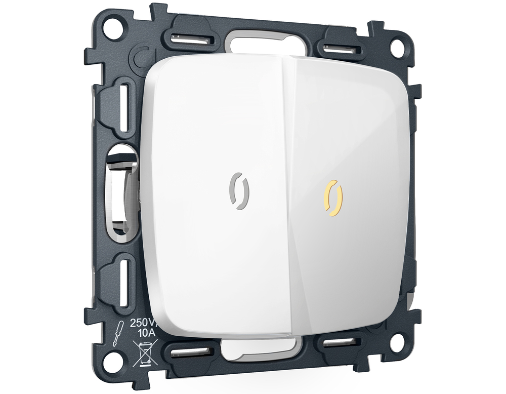 MO104010 Комплект механизма 2-кл выключателя с подсветкой 3200K OMEGA Белый глянец QUANT (OP1040, VM115, G11Y)