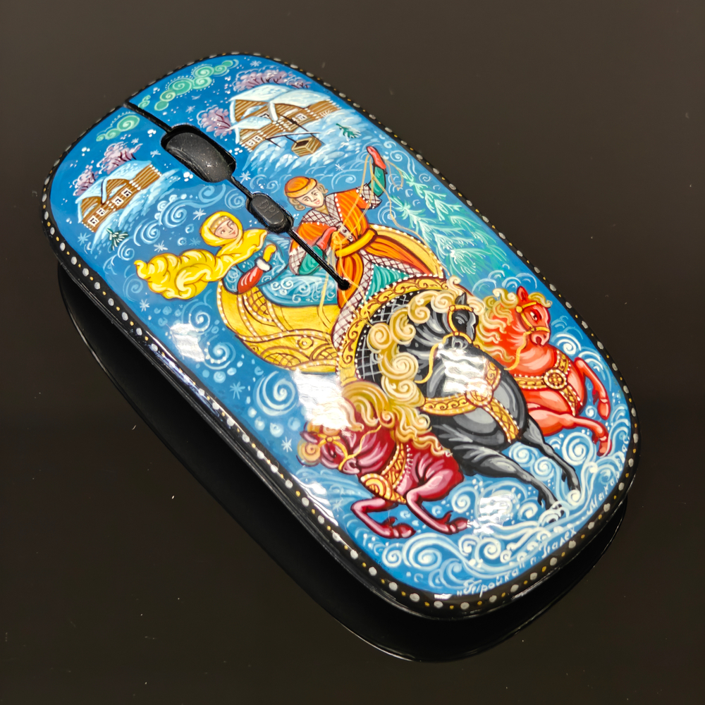 Мышь беспроводная, с ручной росписью Палех "Тройка" N5