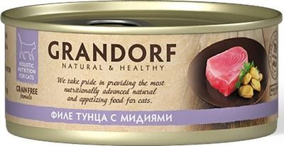 Влажный корм GRANDORF для кошек из филе тунца с мидиями, банка 70г