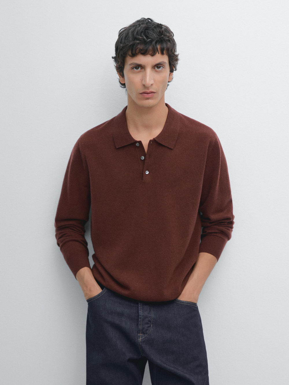 Massimo Dutti Свитер из смесовой шерсти с воротником поло, красноватый