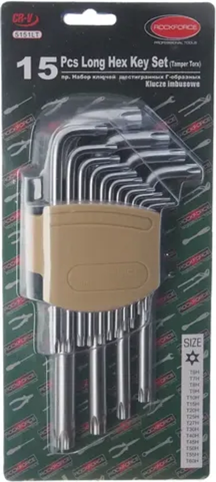 Набор ключей RF-5151LT TORX Г-образных длинных с отверстием 15пр (Т6Н-Т10Н, Т15Н, Т20Н, Т25Н, Т27Н, Т30Н, Т40Н, Т45Н, Т50Н, Т55Н, Т60Н) в пласт держателе ROCKFORCE