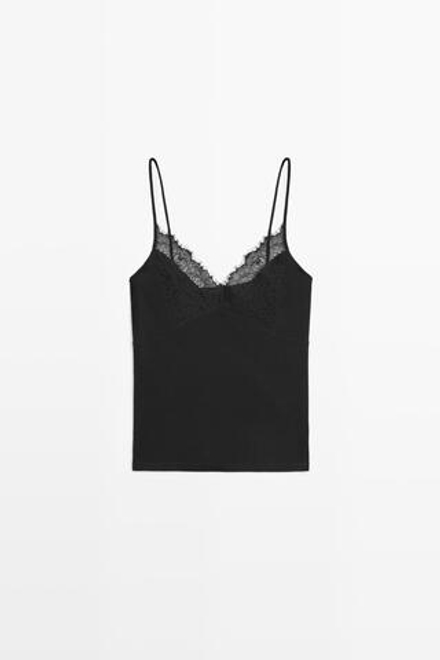 Massimo Dutti Топ на бретелях с кружевной отделкой, черный
