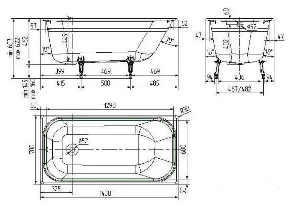 Ванна из чугунного литья эмалированная УНИВЕРСАЛ "Оптима-У" в комплекте с установочной арматурой (комплект 4) длиной 1600мм