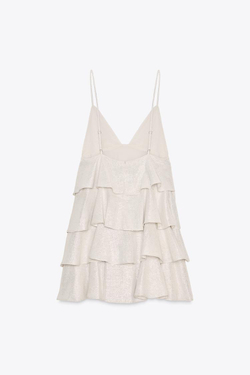 ZARA КОРОТКОЕ ПЛАТЬЕ С ВОЛАНАМИ, СЕРЕБРИСТЫЙ