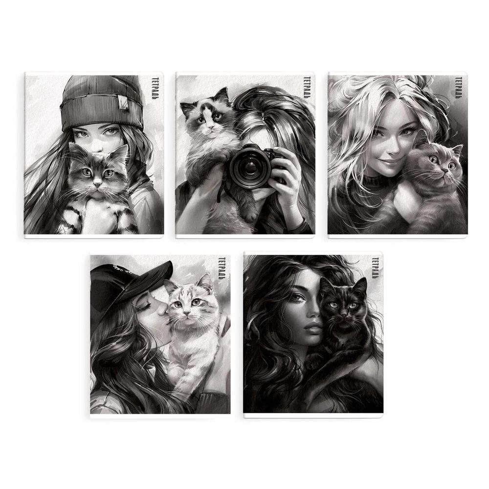 Тетрадь А5 48л. клетка "Девушка с котом" мягкий переплёт, ламинация "софт-тач" вельвет, ассорти (Фен