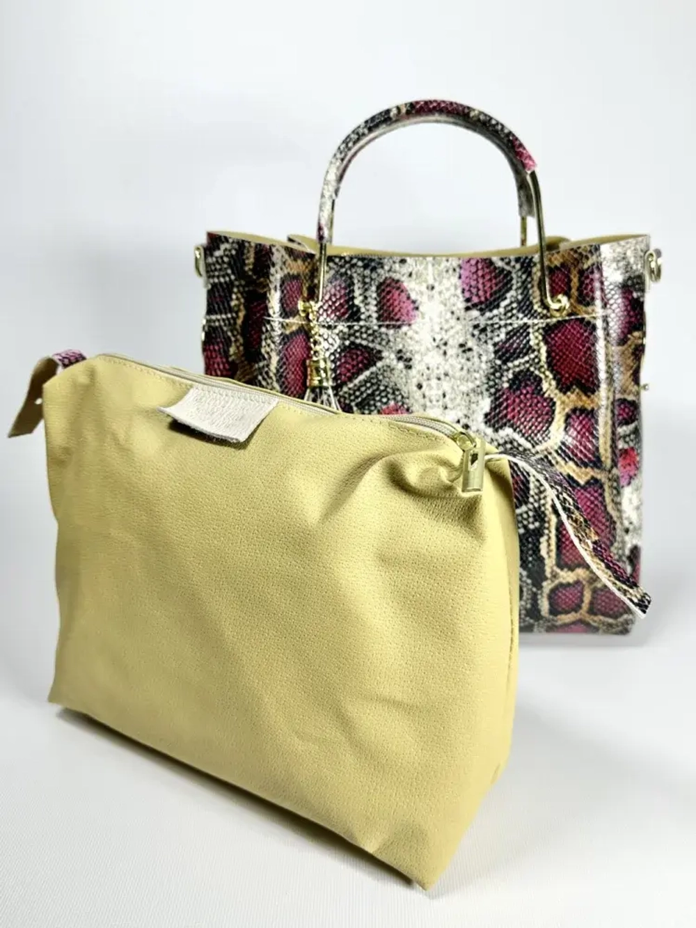 Женская розово-коричневая сумка из натуральной кожи с тиснением питон