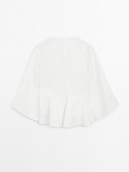 Massimo Dutti Блузка из 100% льна с деталями годе - STUDIO, белый