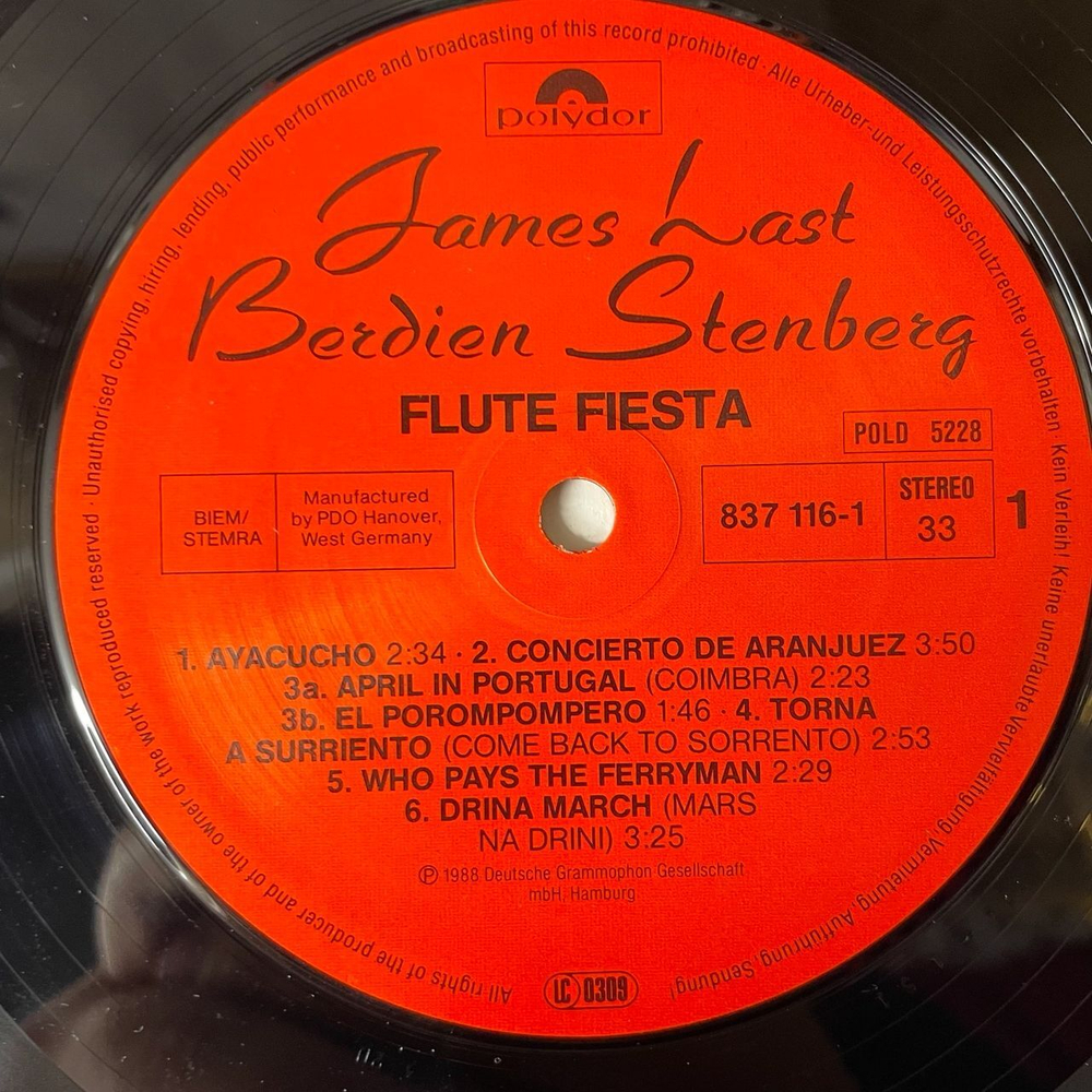 Винтажная виниловая пластинка LP Джеймс Ласт James Last and Berdien Stenberg Flute Fiesta (Germany 1988)