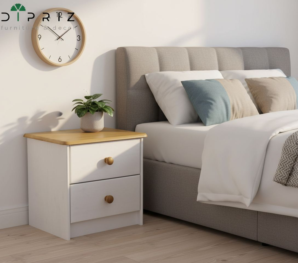 Прикроватная тумба, 43х34х40, Хаба, с ящиками, для спальни и прихожей, массив дерева, белый/антик, Dipriz