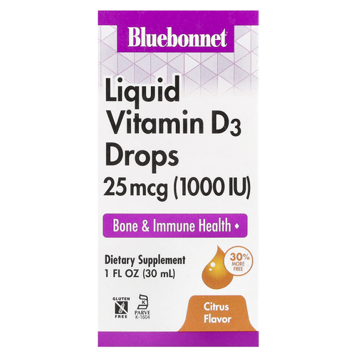 Bluebonnet Nutrition, жидкий витамин D3 в каплях, цитрус, 25 мкг (1000 МЕ), 30 мл (1 жидк. унция)