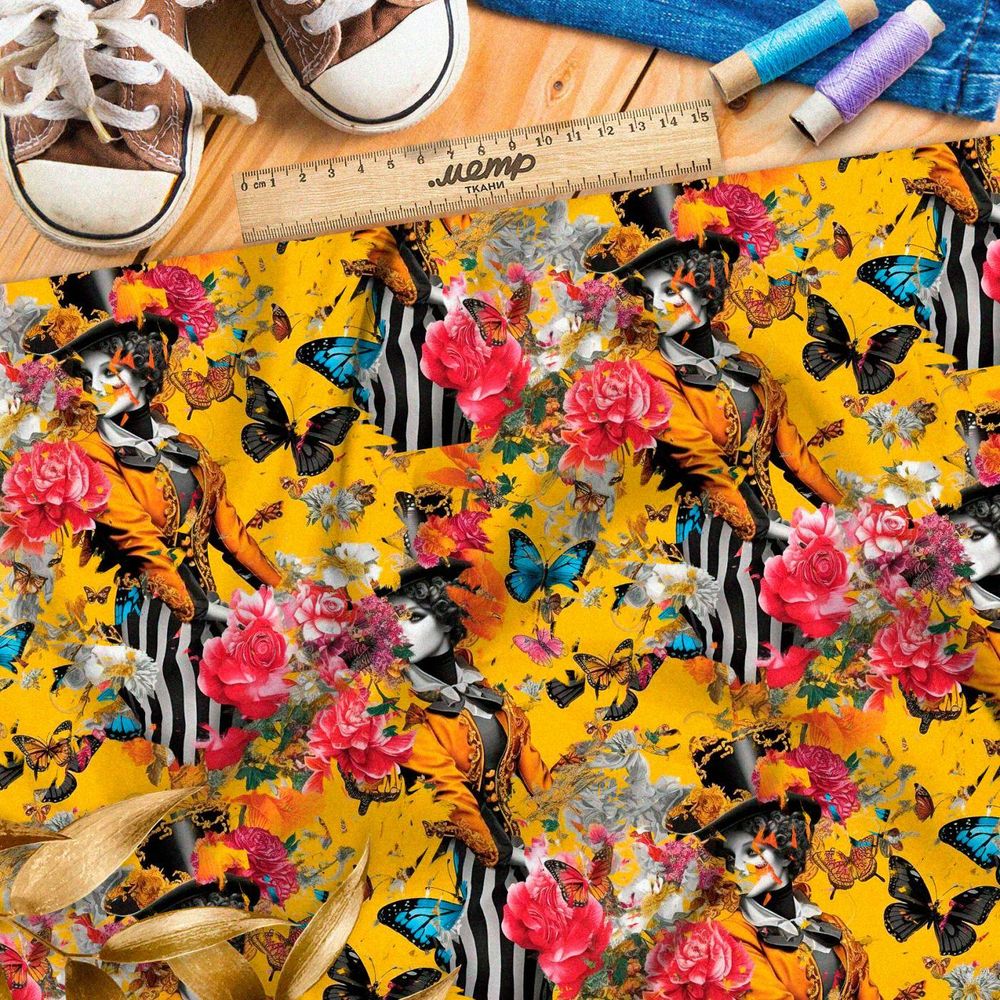 Ткань премиум атлас эклектичный коллаж