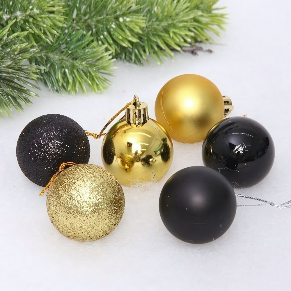 Новогодние шары 4 см (набор 6 шт) "Микс фактур", черный/золото (Серпантин)