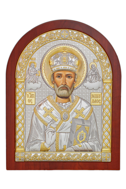 Икона Николай Чудотворец: арочная, белый и корич. багет, 22х17, Напыление серебро и золото, А-5 (Гре