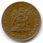 1/2 цента 1970 год. Южная Африка (ЮАР). Бронза, диаметр 16.3 мм XF-AU