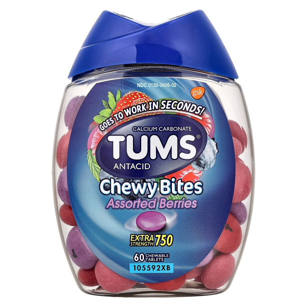 Tums, антацид, жевательные таблетки, ассорти ягод, 750 мг, 60 жевательных таблеток