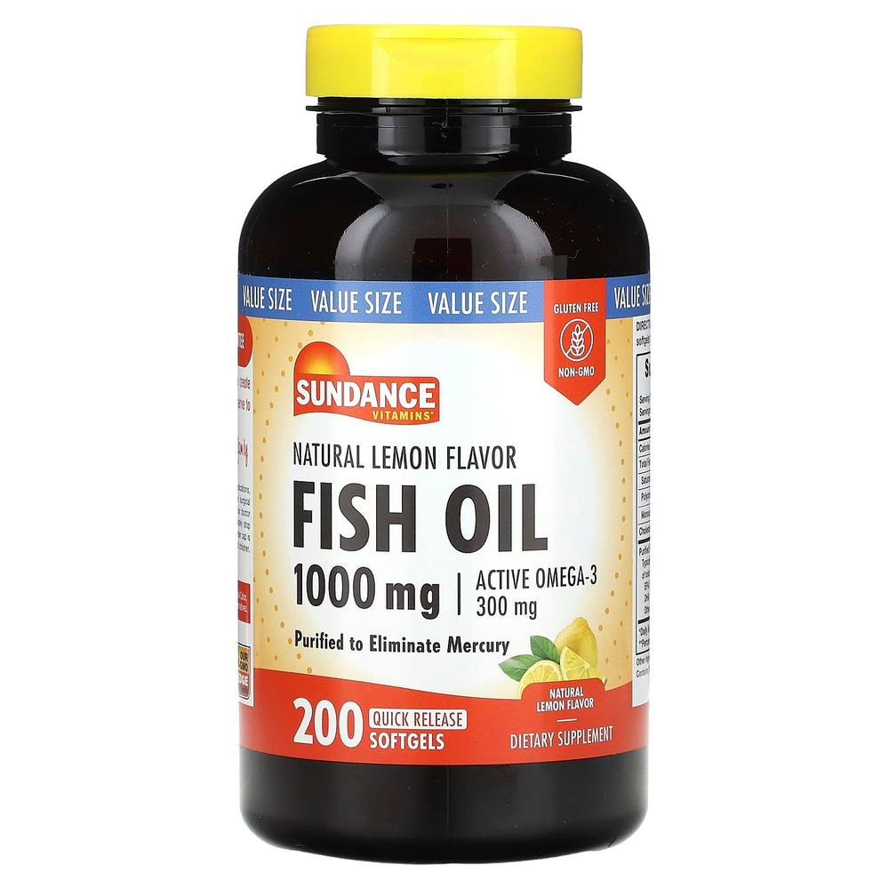 Sundance Vitamins, Рыбий жир, натуральный лимон, 1000 мг, 200 капсул с быстрым высвобождением