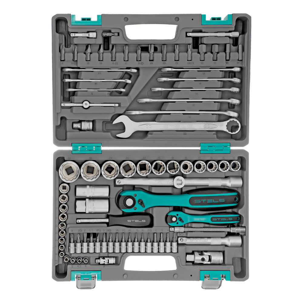 Набор инструментов 1/2", 1/4", CrV, 12 гранные головки, пластиковый кейс, 82 предмета Stels