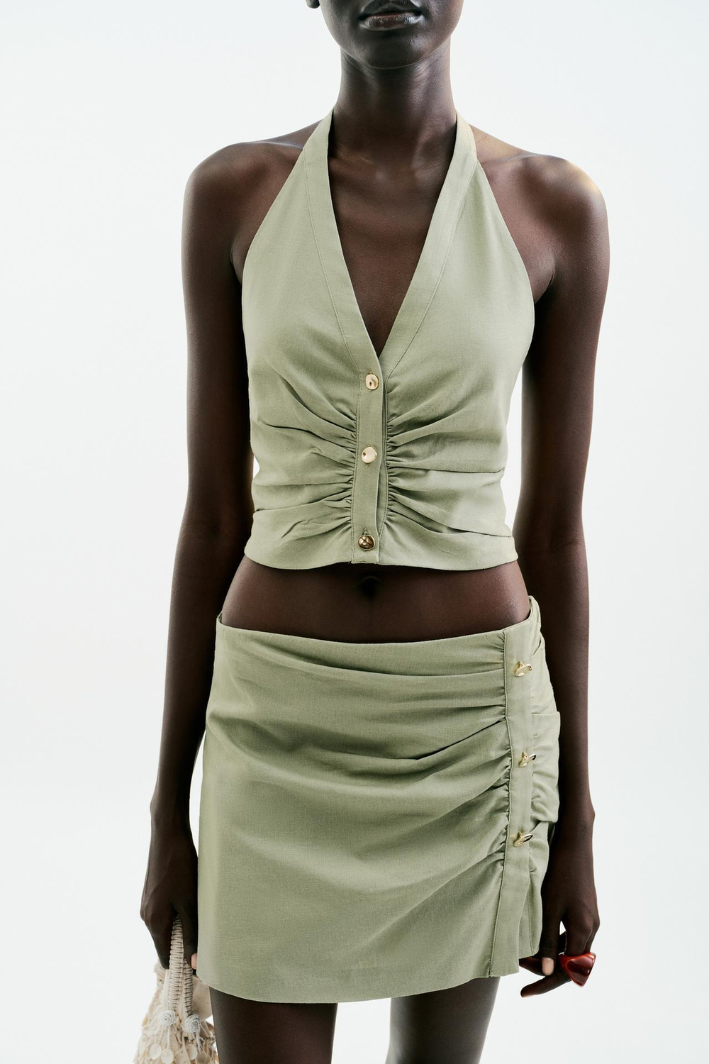 ZARA ТОП ИЗ СМЕСОВОГО ЛЬНА С ГОРЛОВИНОЙ ХАЛТЕР, СВЕТЛЫЙ ХАКИ