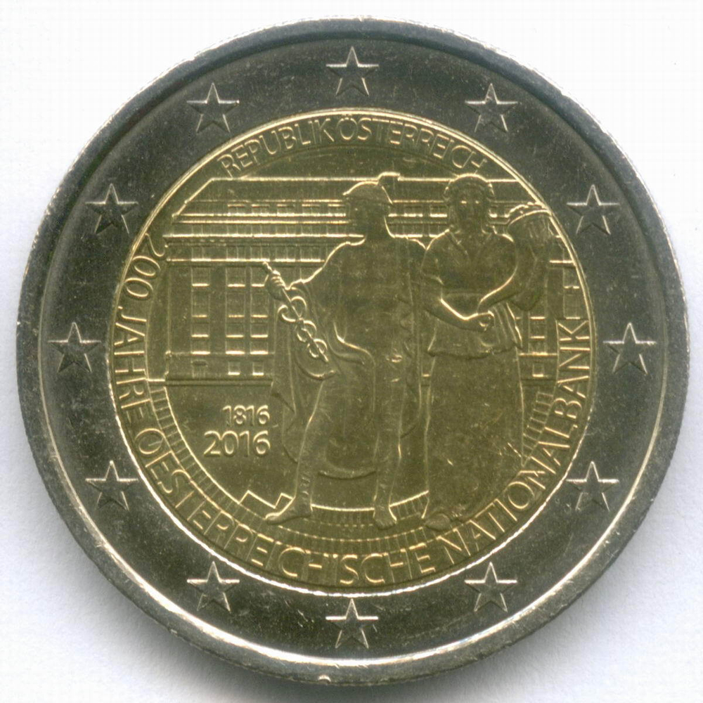 2 евро 2016 год. Австрия. 200 лет Национальному банку. Биметалл AUNC